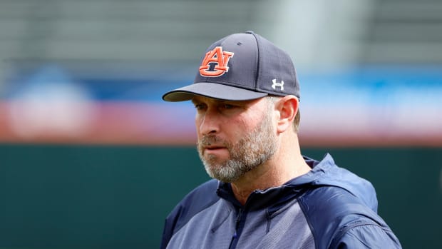 Jun 12, 2022; Corvallis, OR, USA; Auburn Tigers head coach Butch Thompson looks on before Game 2 of the NCAA college baseball super regional against the Oregon State Beavers at Coleman Field. Mandatory Credit: Soobum Im-USA TODAY Sports